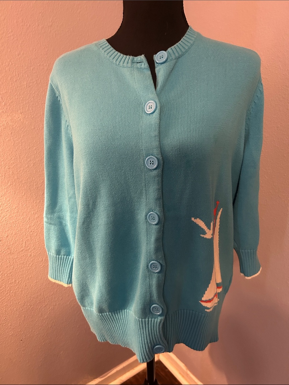 L.L. Bean Women Blue Nautical Boat Button-Front Sweater Cardigan Size Large